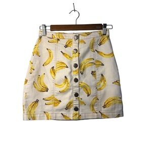 Cooperative Banana All Over Print Denim Mini Skirt White Yellow Button Front XS